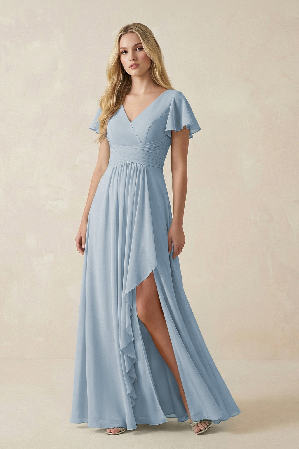 V-Neck Flutter Sleeve A-Line Chiffon Bridesmaid Dress in Dusty Blue