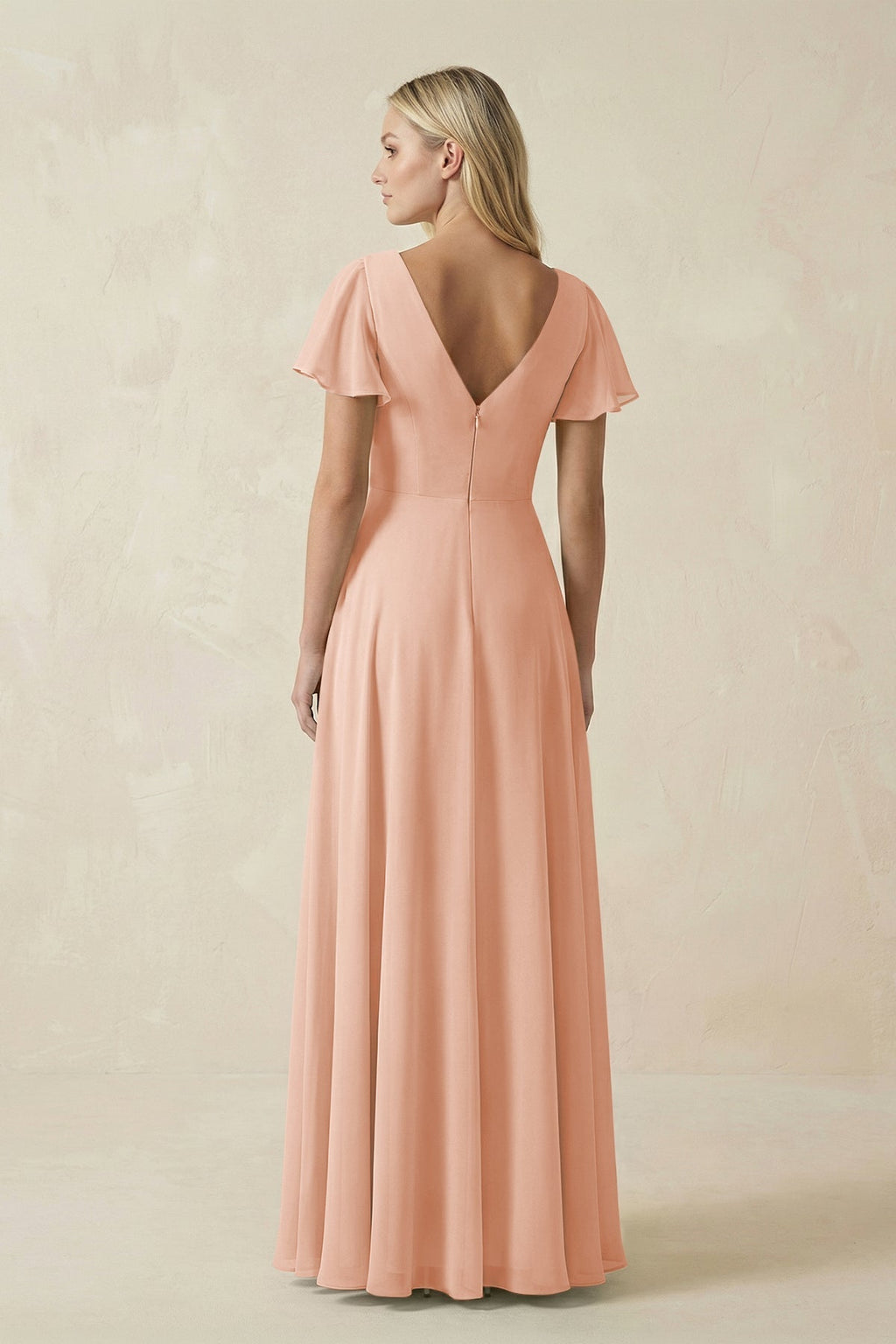 V-Neck Flutter Sleeve A-Line Chiffon Bridesmaid Dress in English Rose