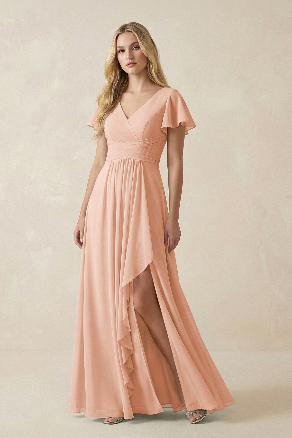V-Neck Flutter Sleeve A-Line Chiffon Bridesmaid Dress in English Rose