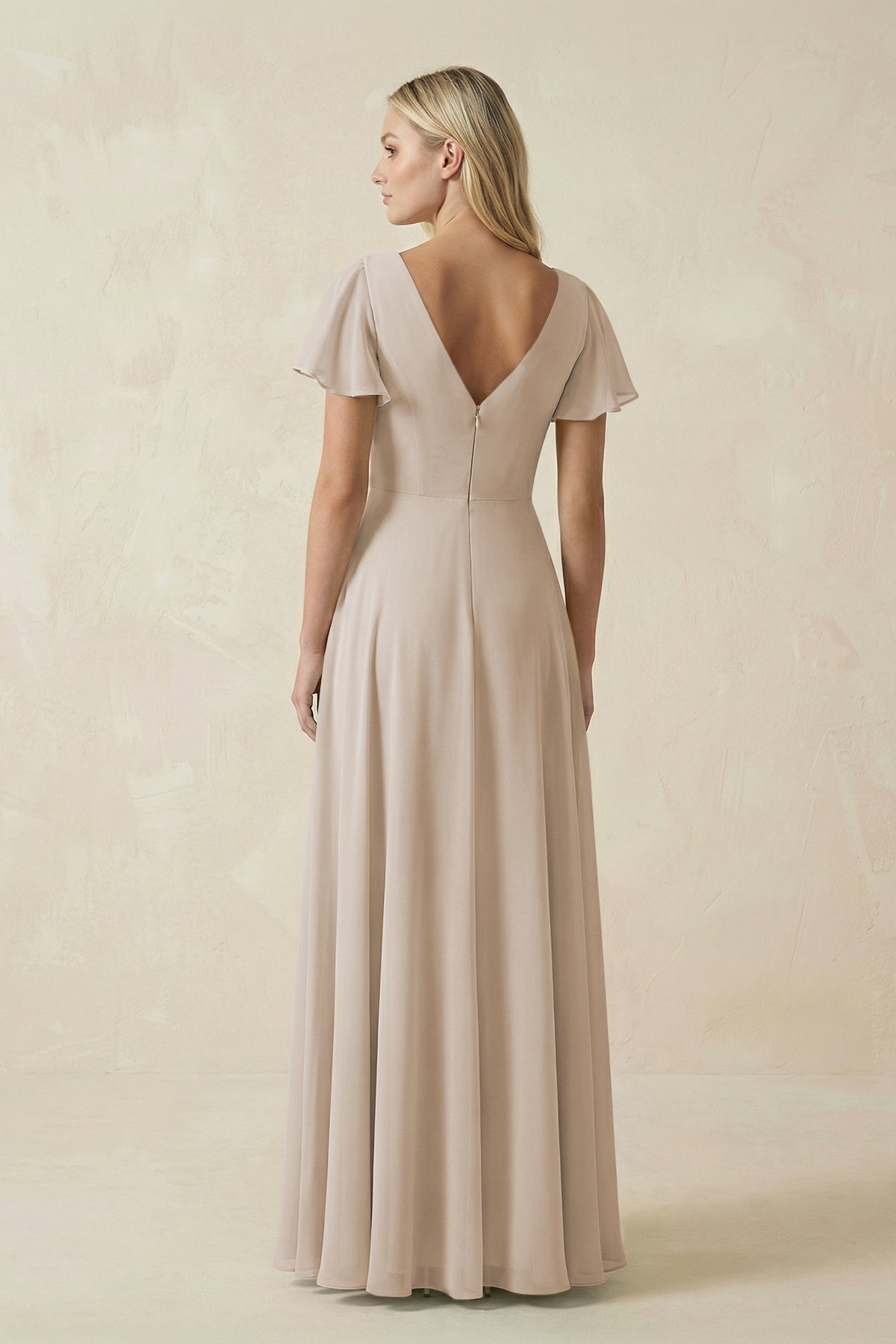 V-Neck Flutter Sleeve A-Line Chiffon Bridesmaid Dress in Frost