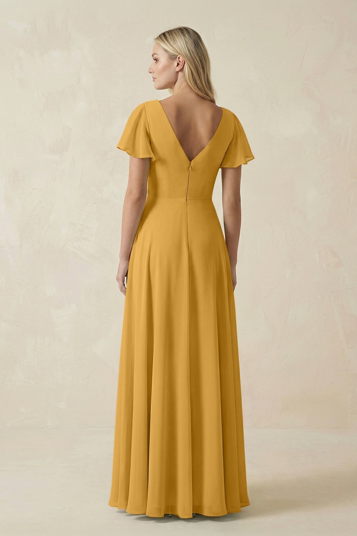 V-Neck Flutter Sleeve A-Line Chiffon Bridesmaid Dress in Marigold