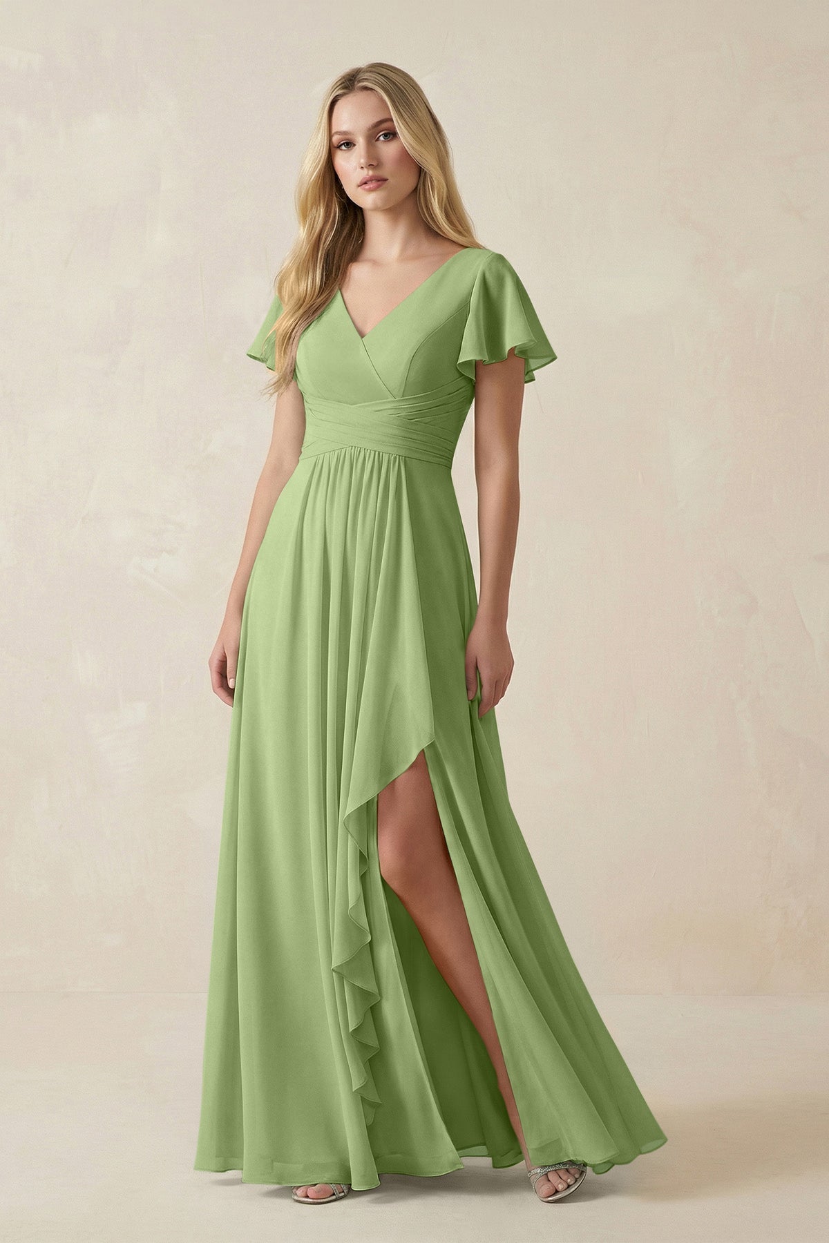 V-Neck Flutter Sleeve A-Line Chiffon Bridesmaid Dress in Matcha