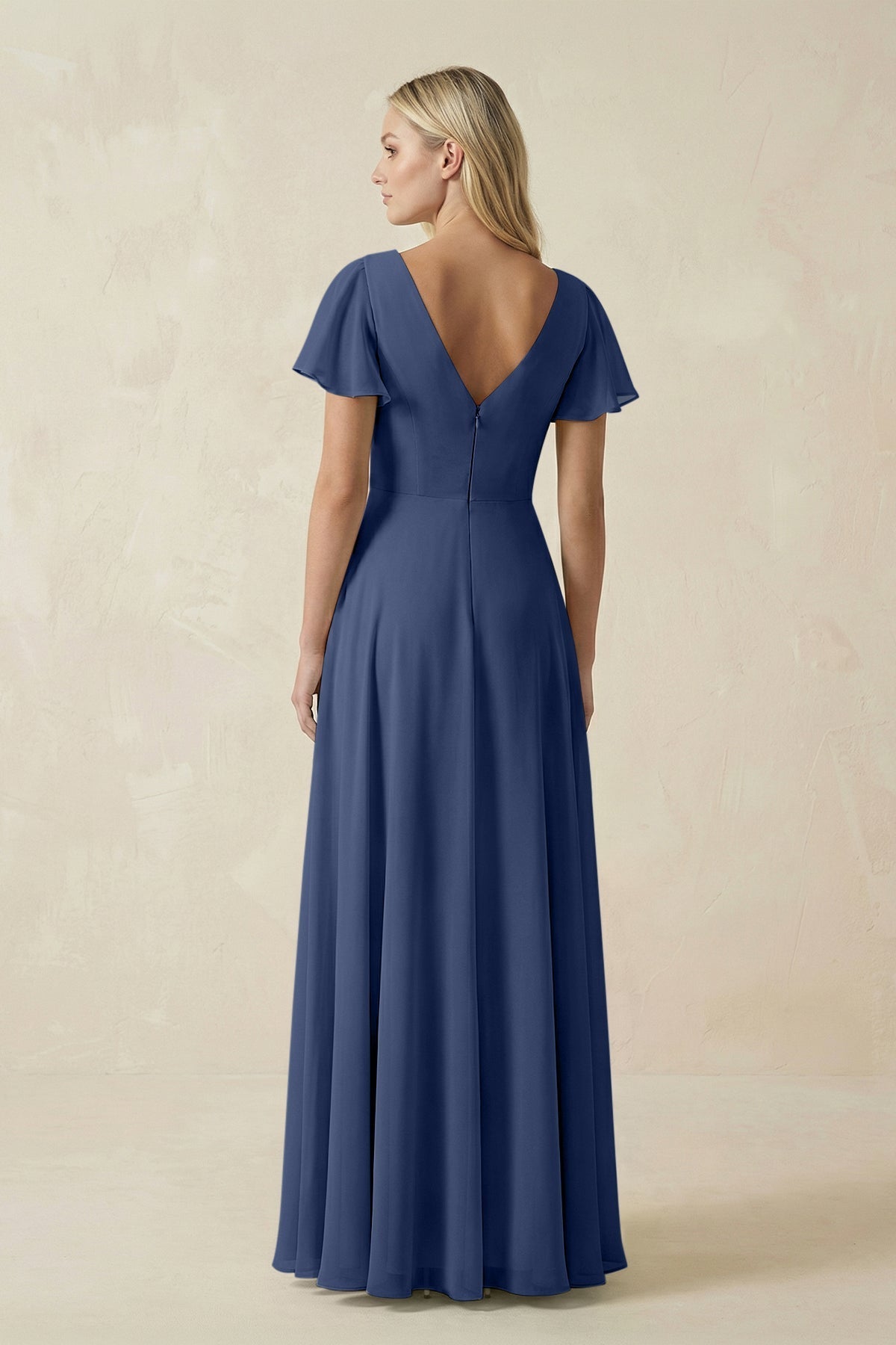 V-Neck Flutter Sleeve A-Line Chiffon Bridesmaid Dress in Navy