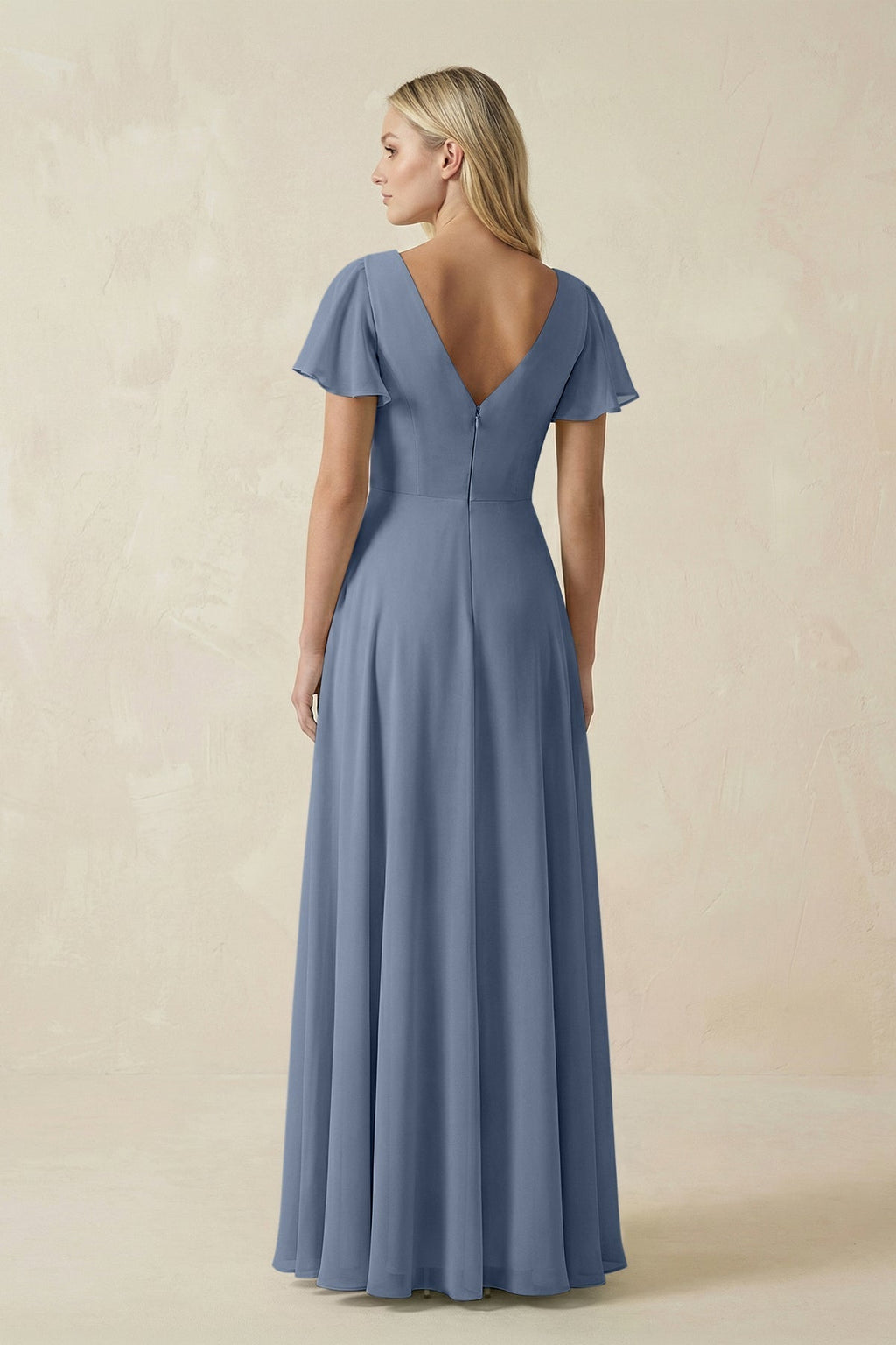 V-Neck Flutter Sleeve A-Line Chiffon Bridesmaid Dress in Neptune