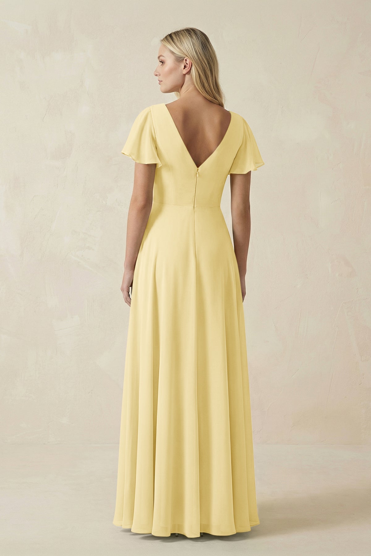 V-Neck Flutter Sleeve A-Line Chiffon Bridesmaid Dress in Pastel Yellow