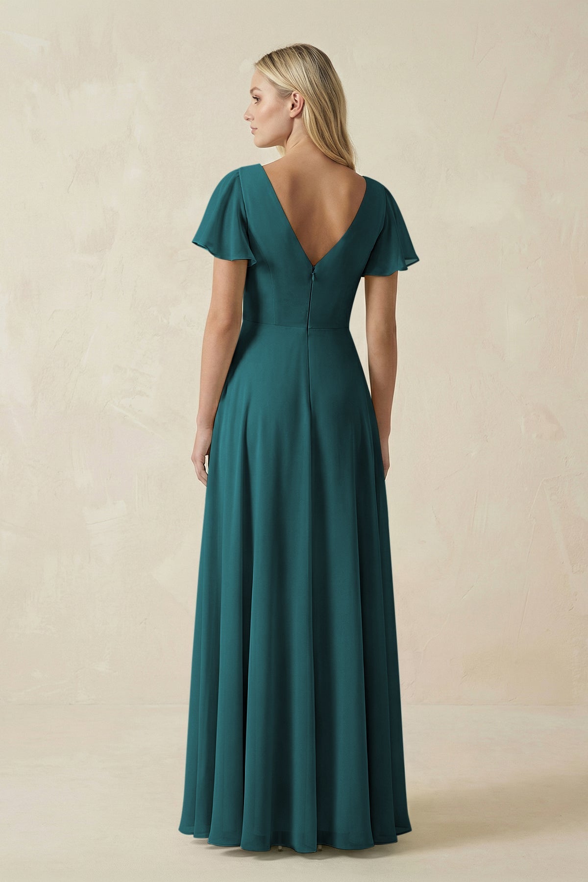 V-Neck Flutter Sleeve A-Line Chiffon Bridesmaid Dress in Pine
