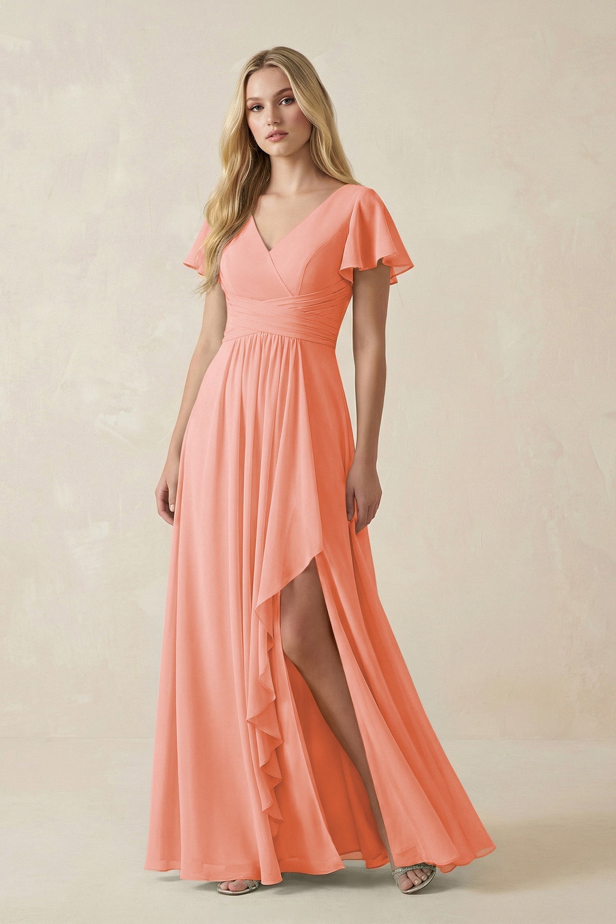 V-Neck Flutter Sleeve A-Line Chiffon Bridesmaid Dress in Rosette