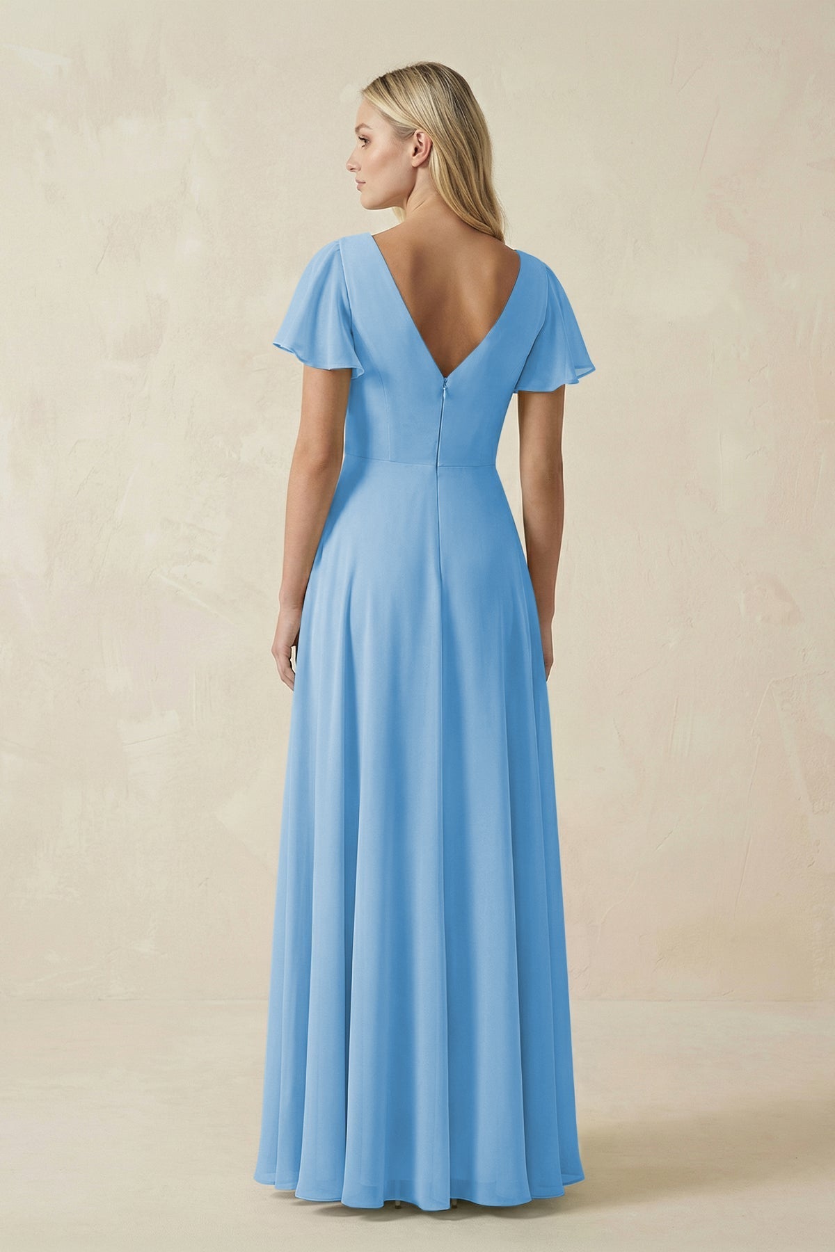 V-Neck Flutter Sleeve A-Line Chiffon Bridesmaid Dress in Steel Blue