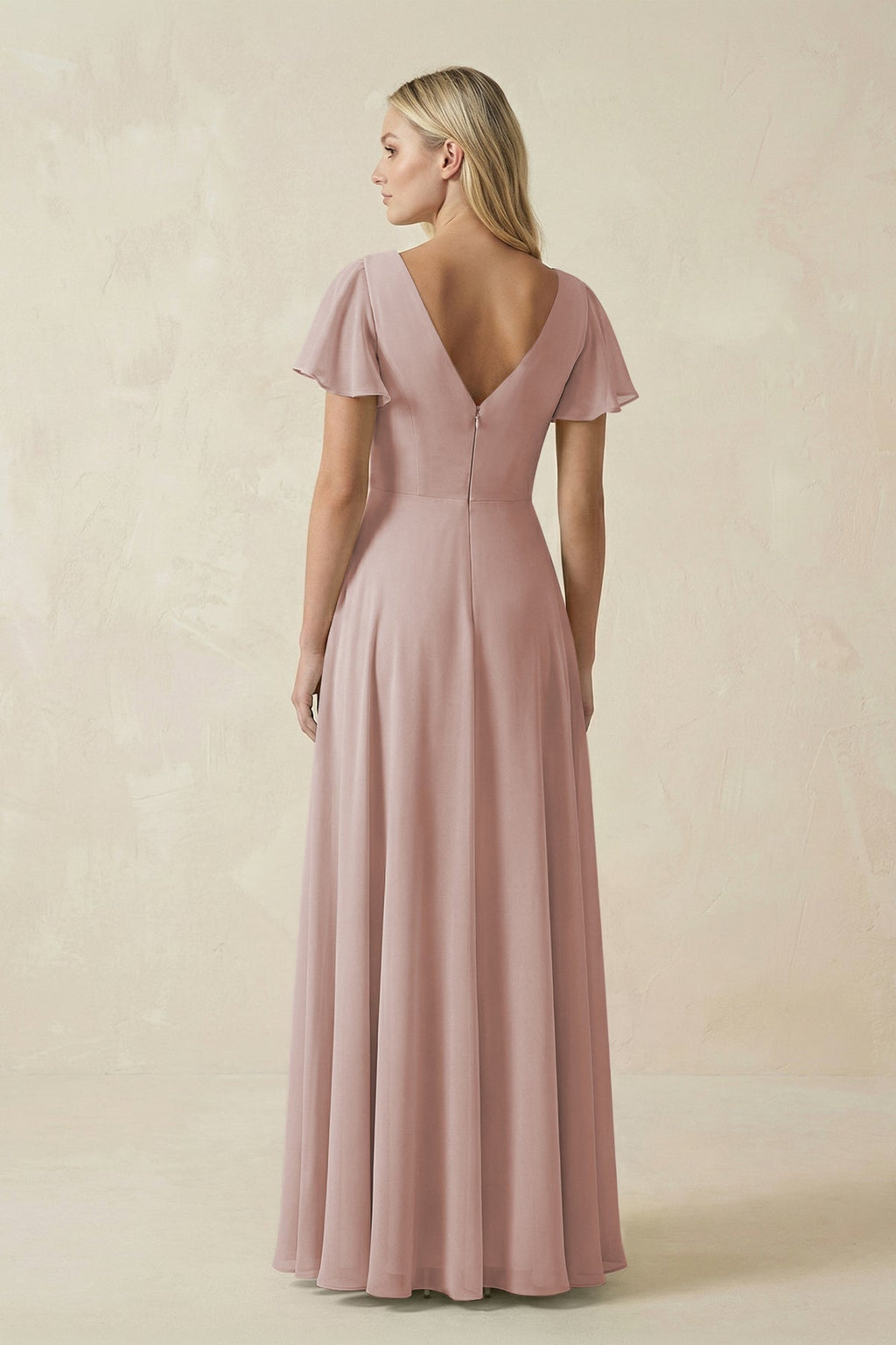 V-Neck Flutter Sleeve A-Line Chiffon Bridesmaid Dress in Toffee