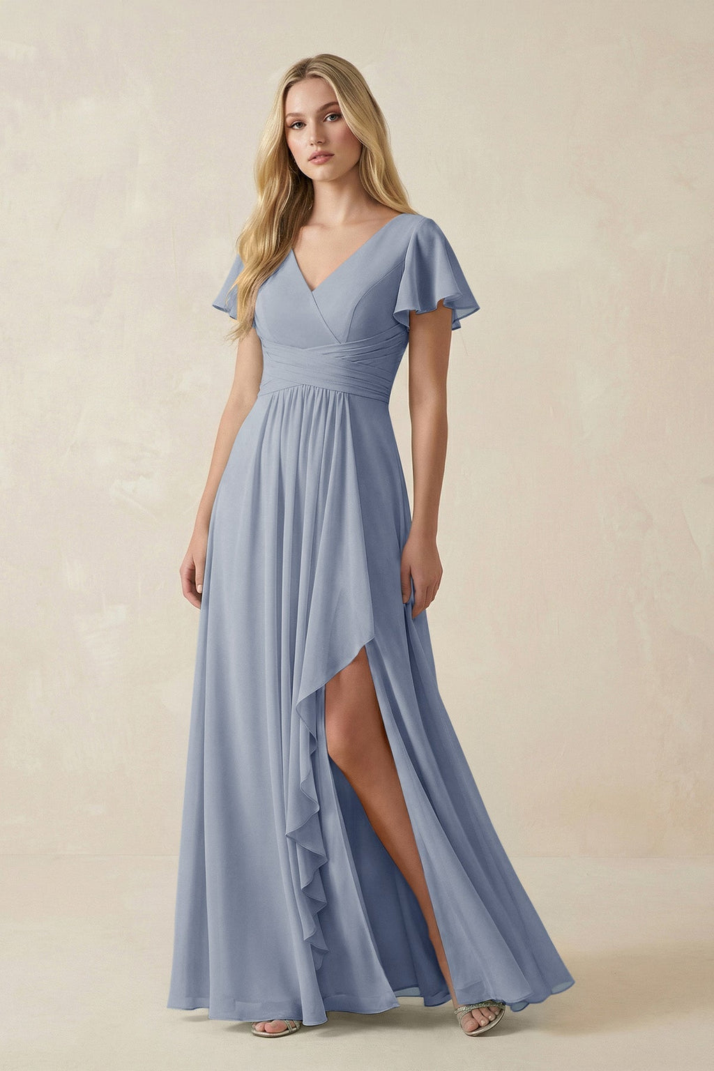 V-Neck Flutter Sleeve A-Line Chiffon Bridesmaid Dress in Twilight