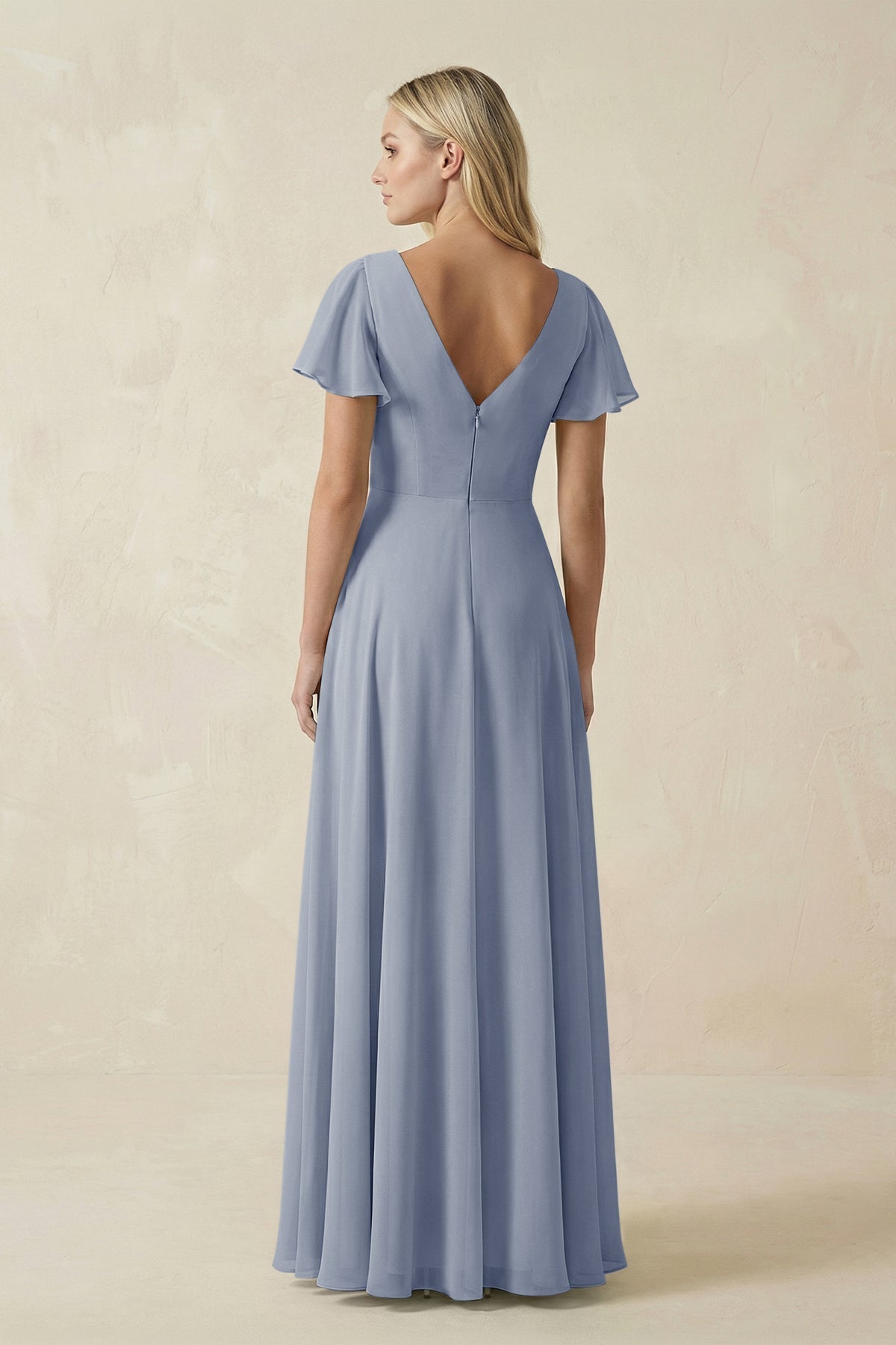 V-Neck Flutter Sleeve A-Line Chiffon Bridesmaid Dress in Twilight