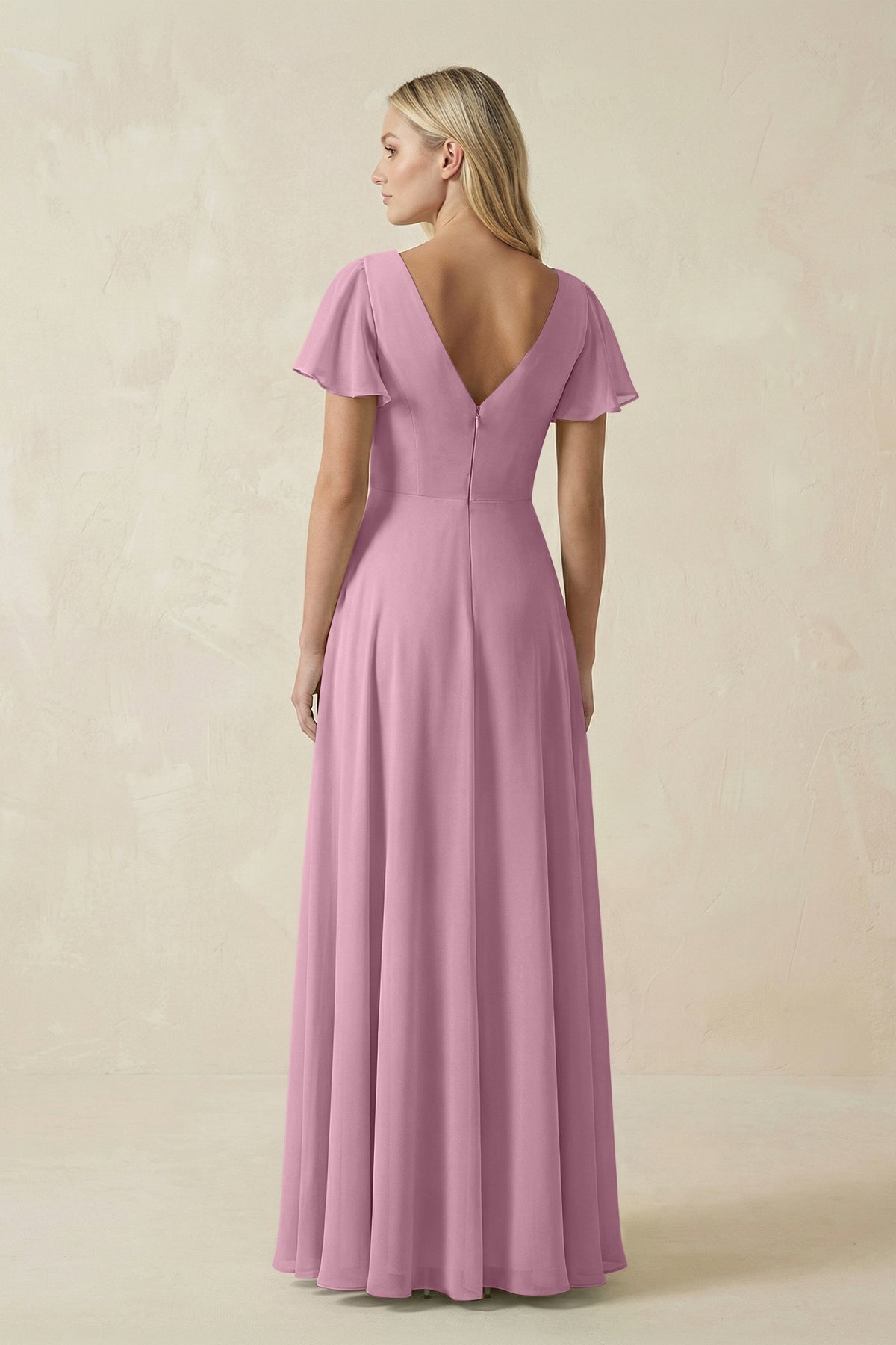 V-Neck Flutter Sleeve A-Line Chiffon Bridesmaid Dress in Vintage Mauve