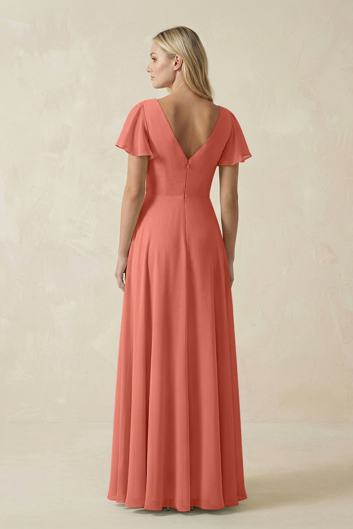 V-Neck Flutter Sleeve A-Line Chiffon Bridesmaid Dress in Wild Rose