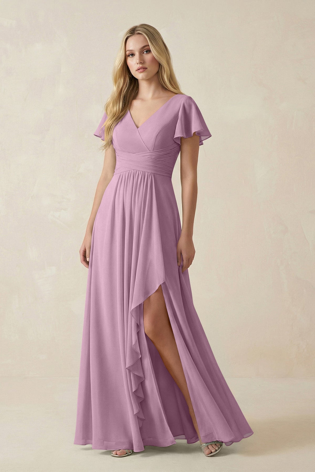 V-Neck Flutter Sleeve A-Line Chiffon Bridesmaid Dress in Wisteria