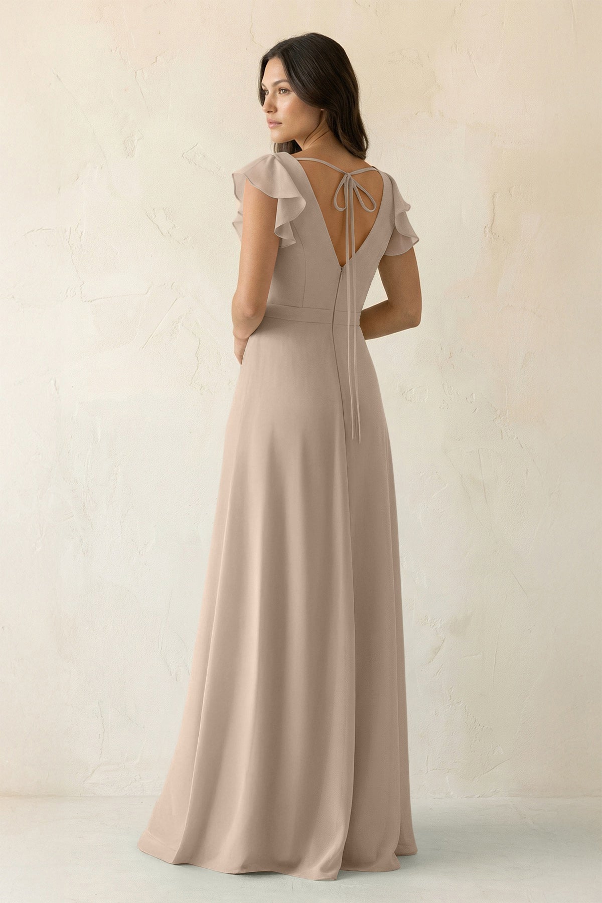 V-Neck Ruffled A-Line Chiffon Bridesmaid Dress in Almond