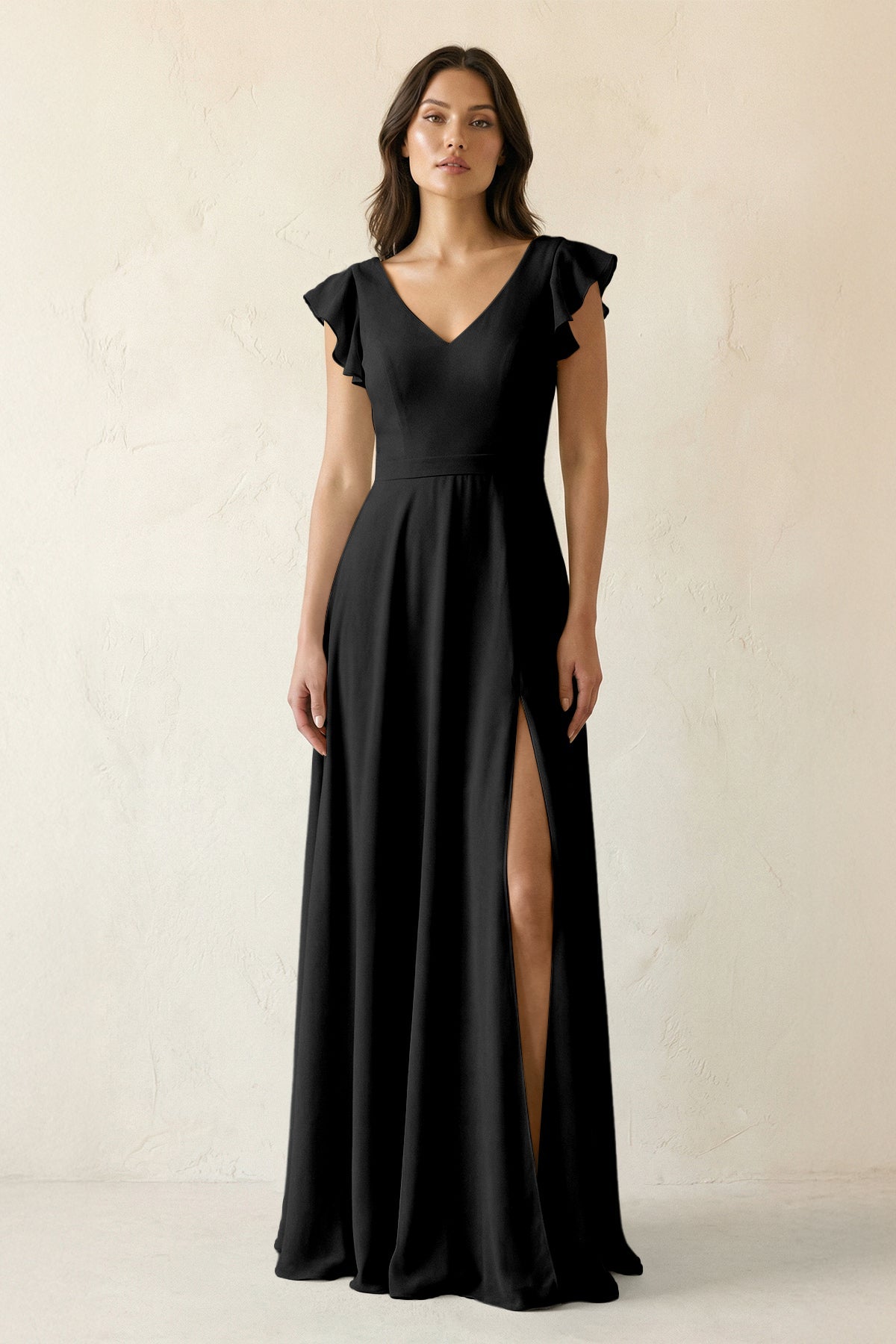 V-Neck Ruffled A-Line Chiffon Bridesmaid Dress in Black