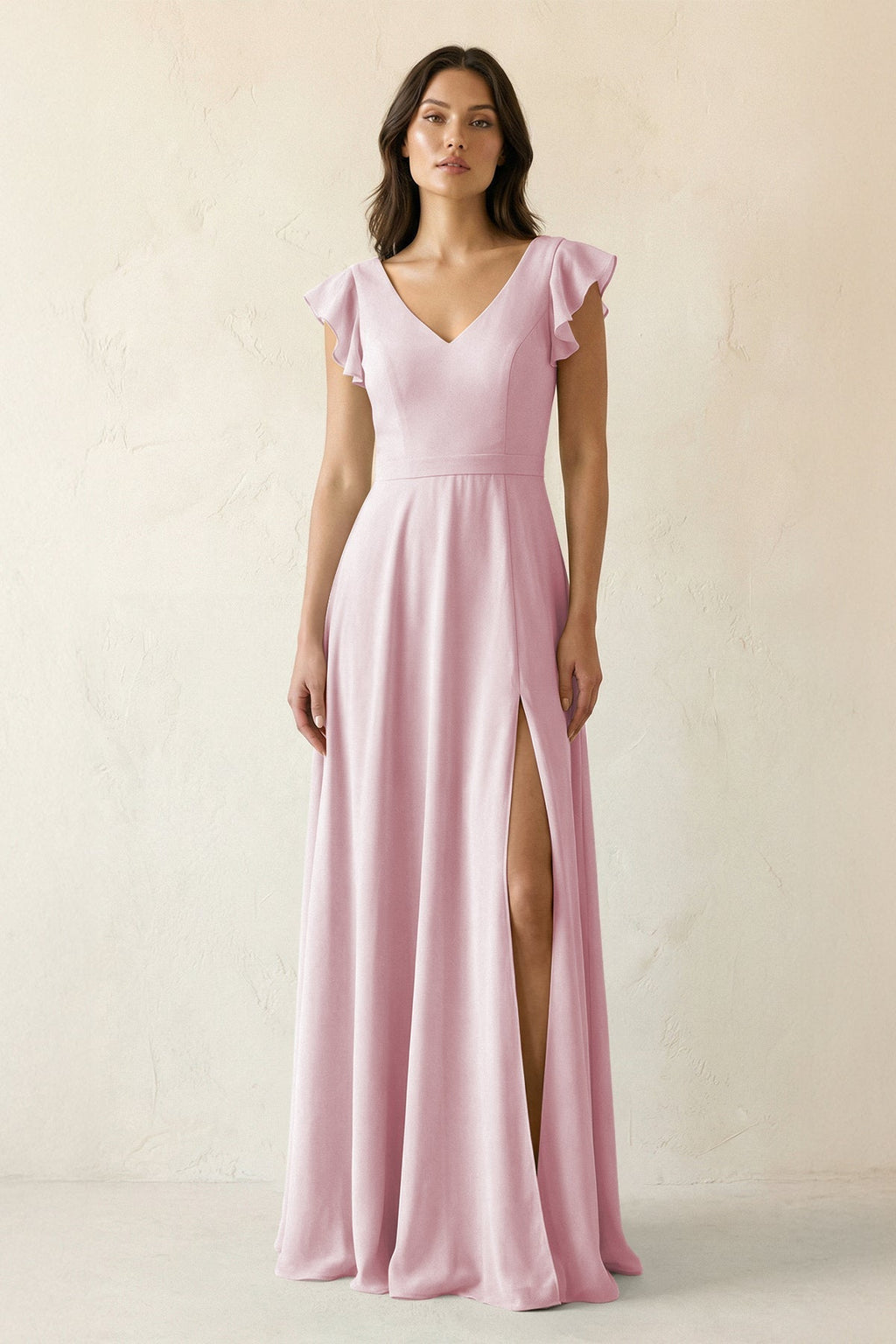 V-Neck Ruffled A-Line Chiffon Bridesmaid Dress in Candy Pink