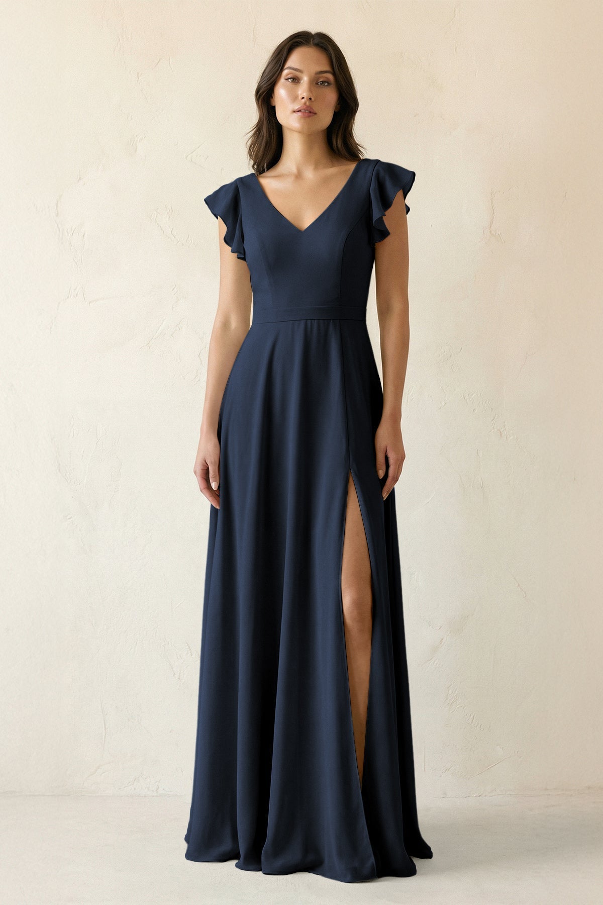 V-Neck Ruffled A-Line Chiffon Bridesmaid Dress in Dark Navy