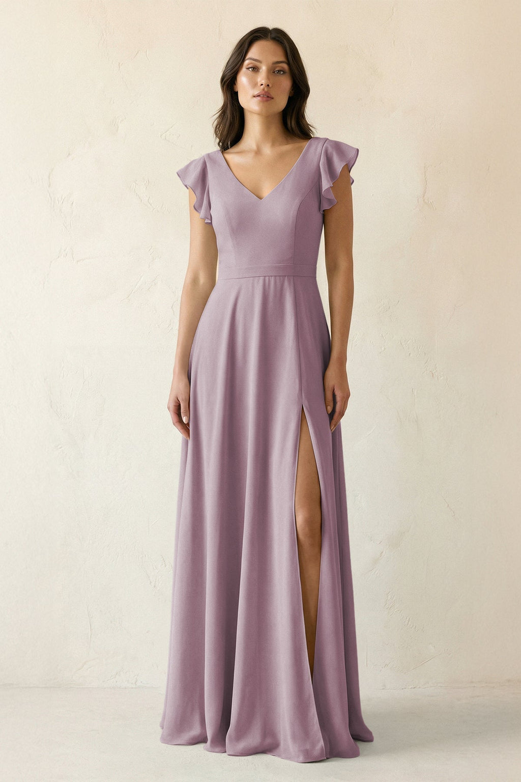 V-Neck Ruffled A-Line Chiffon Bridesmaid Dress in Dusk