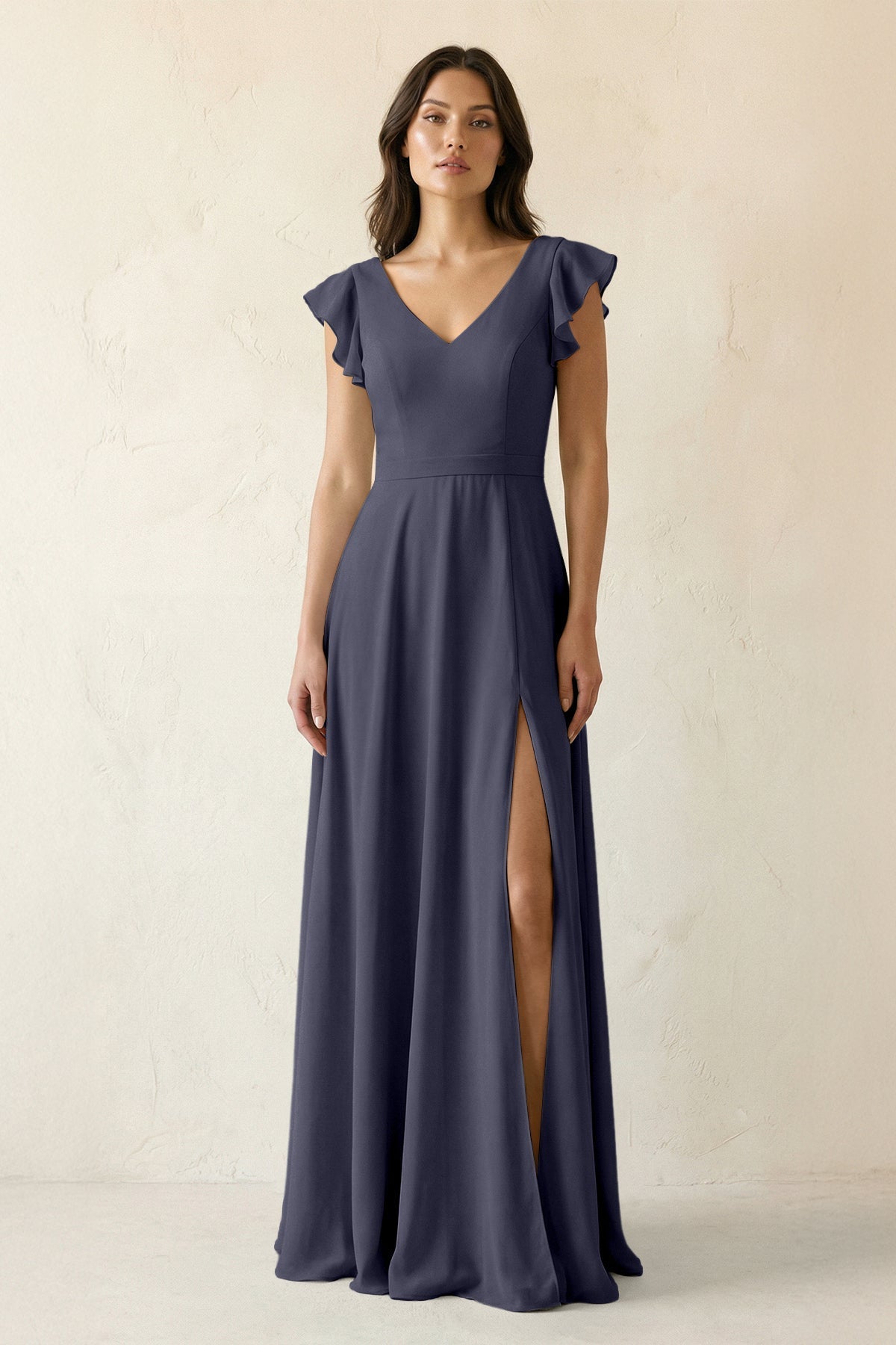 V-Neck Ruffled A-Line Chiffon Bridesmaid Dress in Dusk Blue