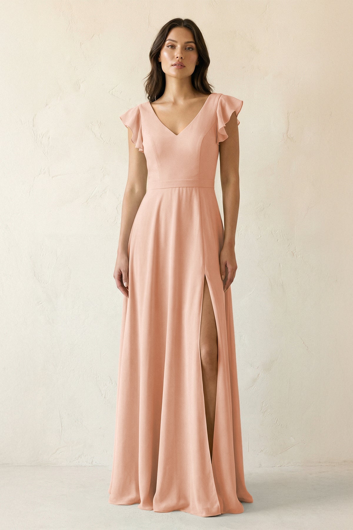 V-Neck Ruffled A-Line Chiffon Bridesmaid Dress in English Rose