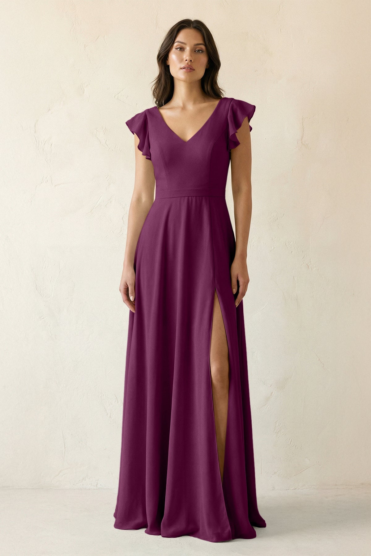 V-Neck Ruffled A-Line Chiffon Bridesmaid Dress in Fig