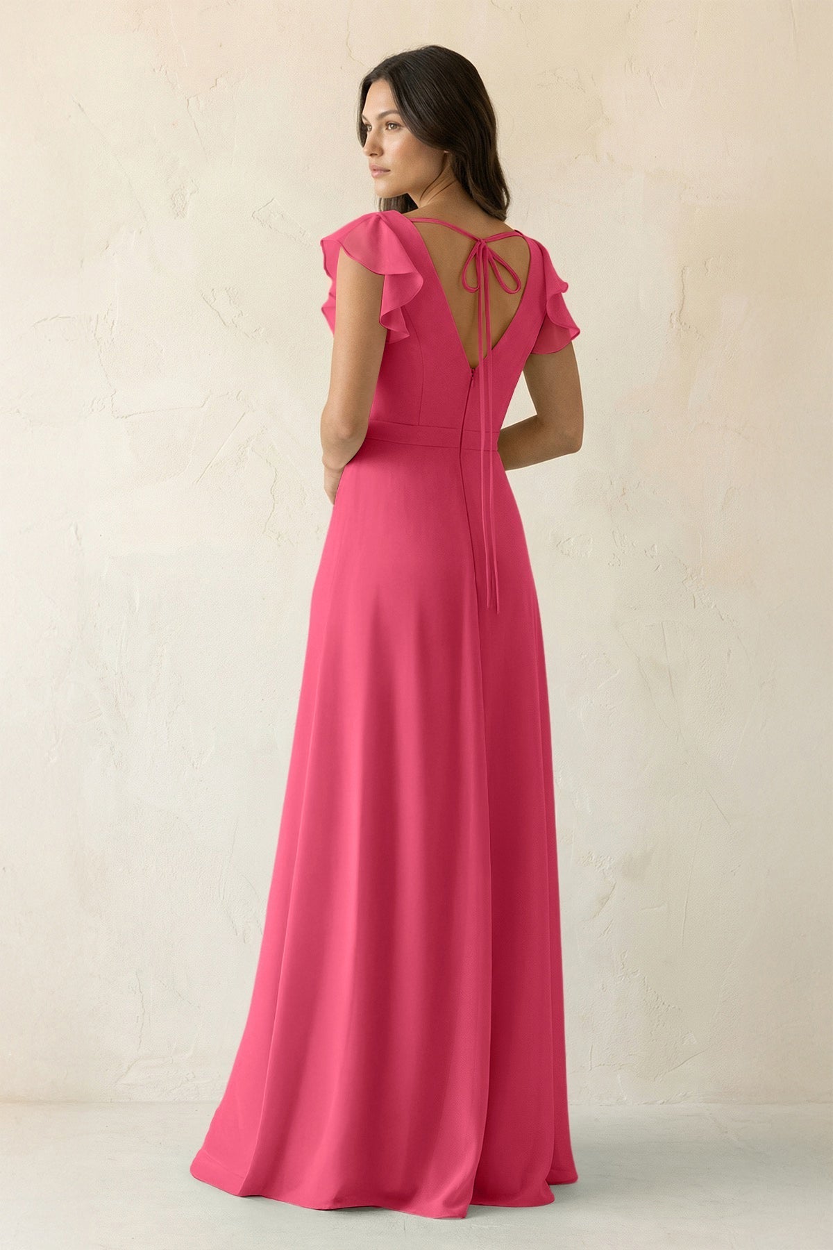 V-Neck Ruffled A-Line Chiffon Bridesmaid Dress in Fuchsia
