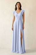 V-Neck Ruffled A-Line Chiffon Bridesmaid Dress in Ice