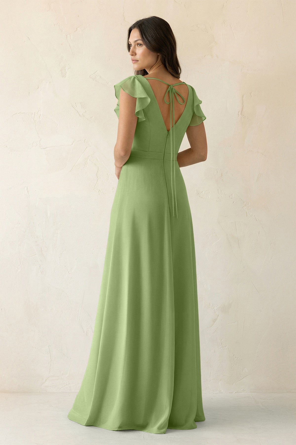 V-Neck Ruffled A-Line Chiffon Bridesmaid Dress in Matcha