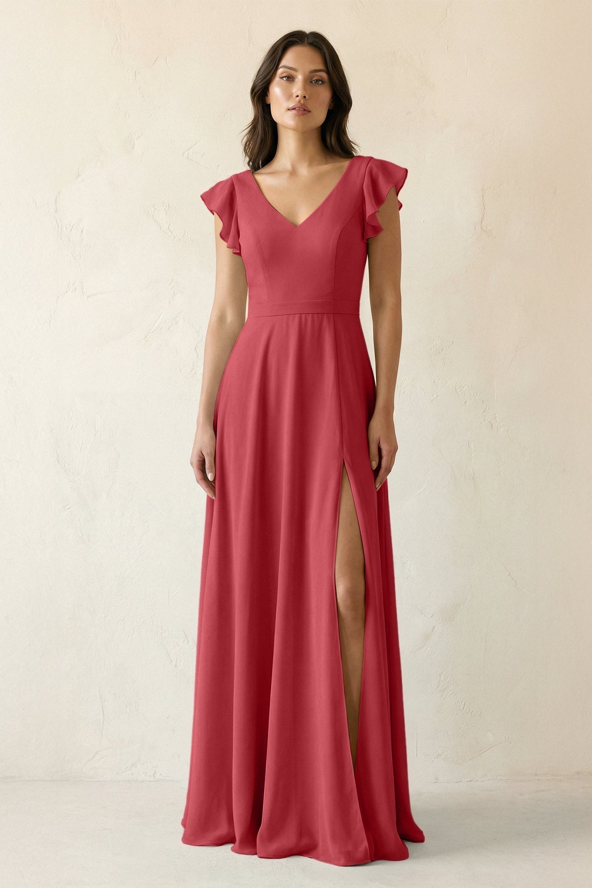 V-Neck Ruffled A-Line Chiffon Bridesmaid Dress in Merlot