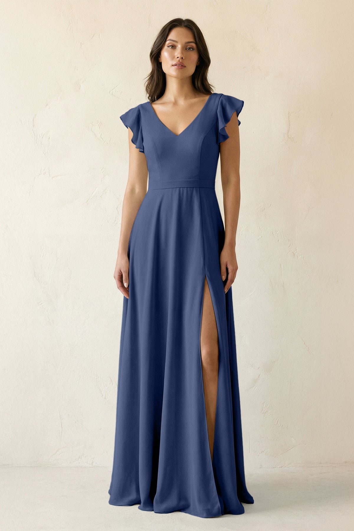 V-Neck Ruffled A-Line Chiffon Bridesmaid Dress in Navy