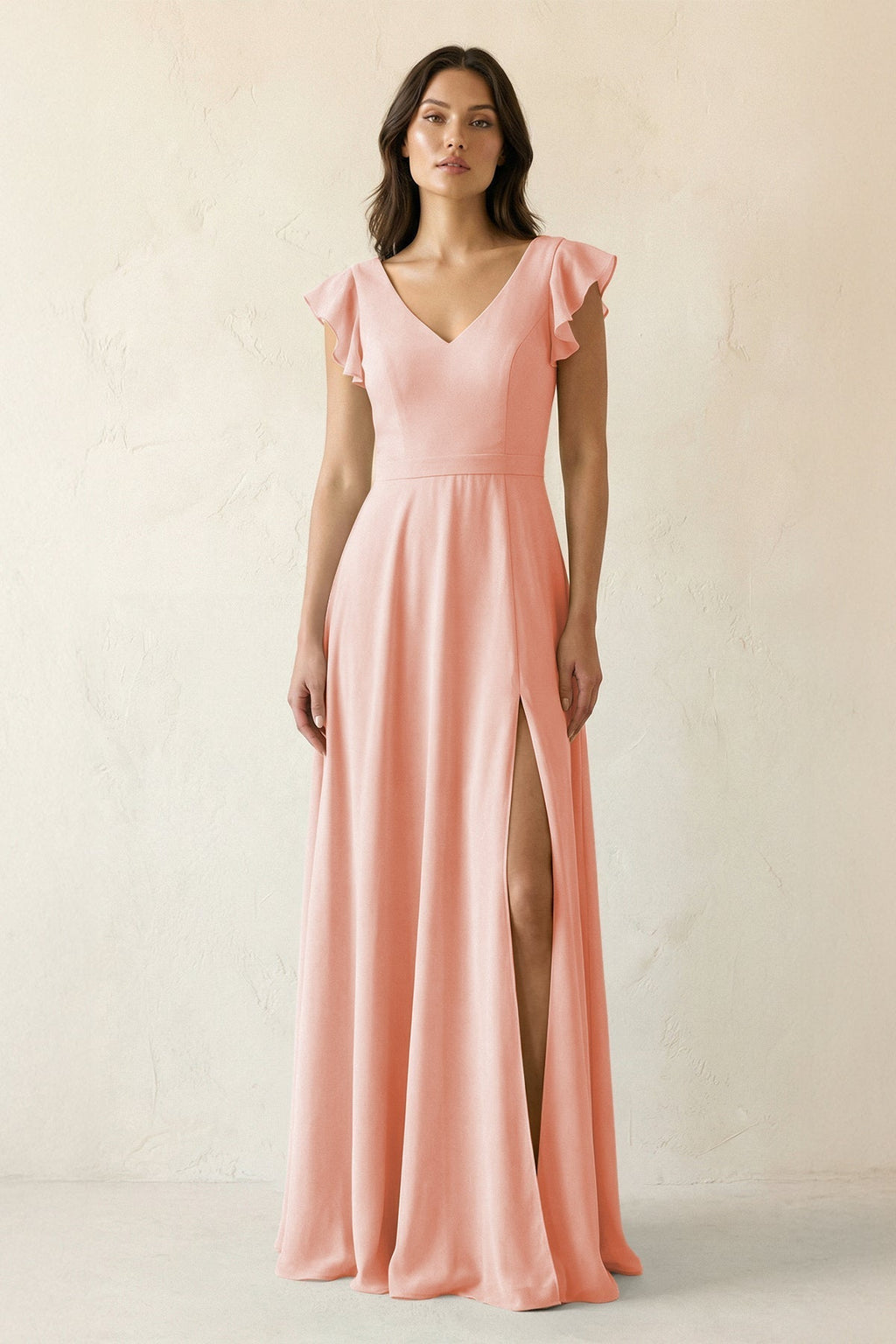V-Neck Ruffled A-Line Chiffon Bridesmaid Dress in Rose Petal