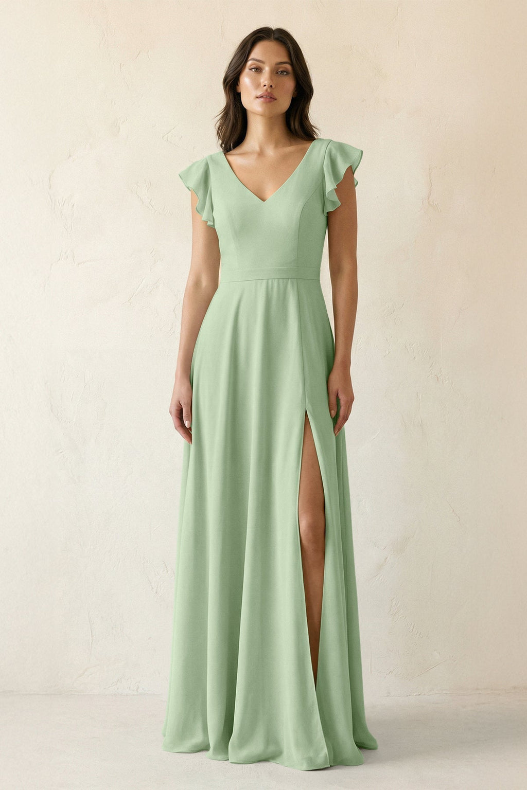V-Neck Ruffled A-Line Chiffon Bridesmaid Dress in Sage