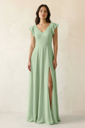 V-Neck Ruffled A-Line Chiffon Bridesmaid Dress in Sage