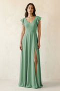 V-Neck Ruffled A-Line Chiffon Bridesmaid Dress in Sea Glass