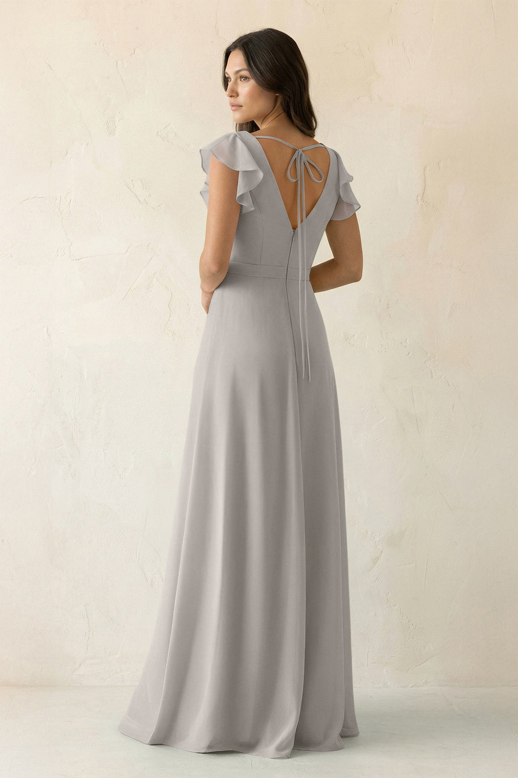 V-Neck Ruffled A-Line Chiffon Bridesmaid Dress in Silver