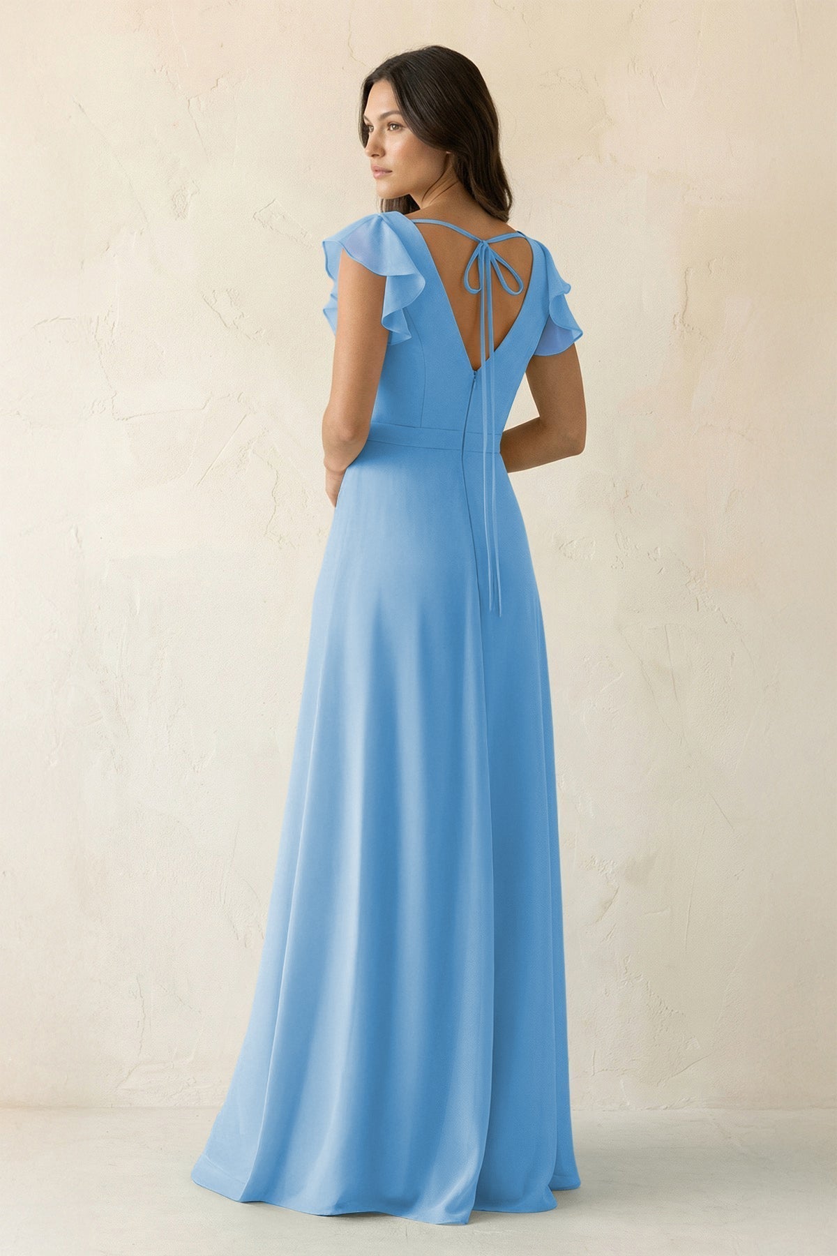 V-Neck Ruffled A-Line Chiffon Bridesmaid Dress in Steel Blue