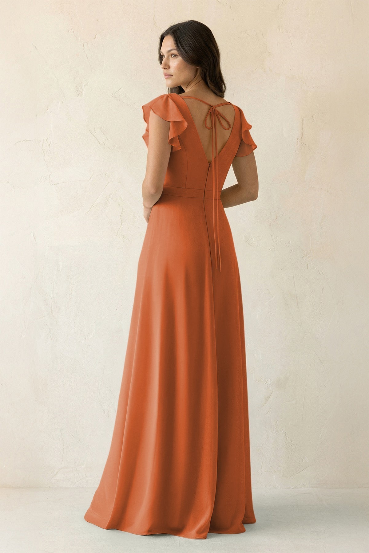 V-Neck Ruffled A-Line Chiffon Bridesmaid Dress in Terracotta
