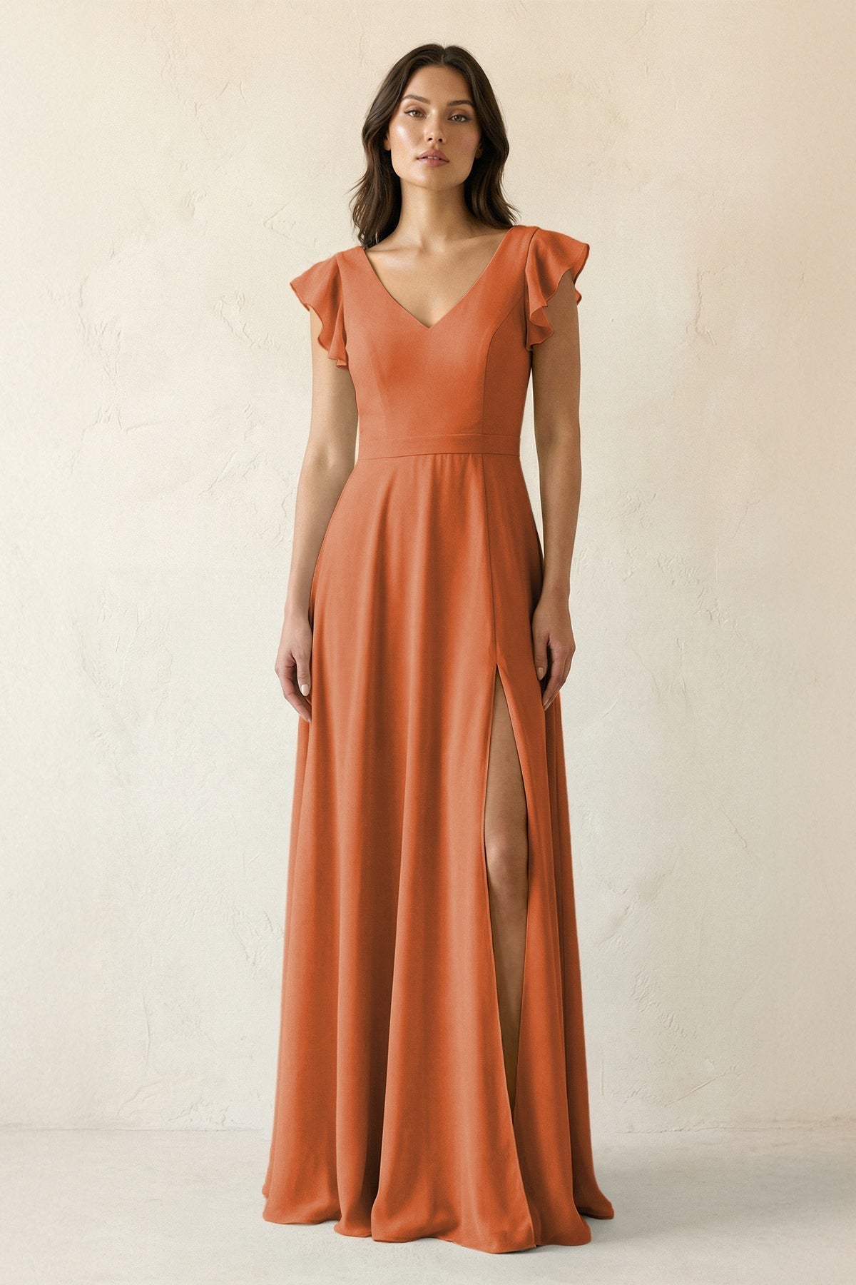 V-Neck Ruffled A-Line Chiffon Bridesmaid Dress in Terracotta
