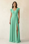 V-Neck Ruffled A-Line Chiffon Bridesmaid Dress in Turquoise