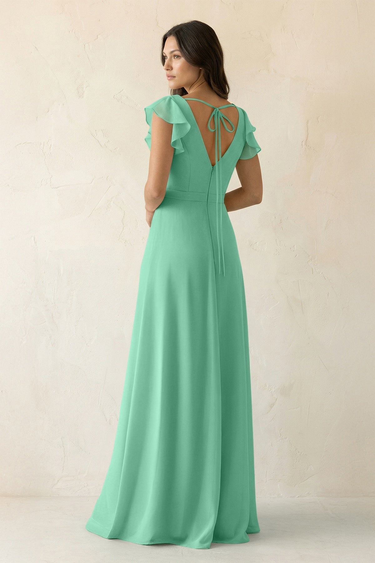 V-Neck Ruffled A-Line Chiffon Bridesmaid Dress in Turquoise