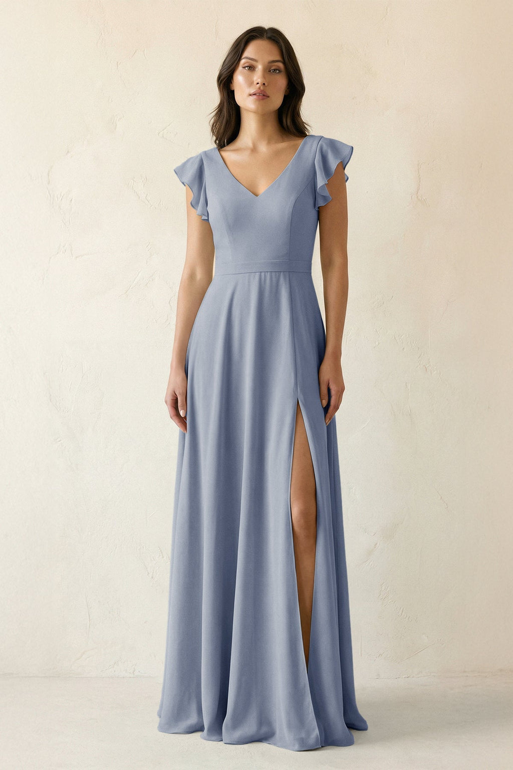 V-Neck Ruffled A-Line Chiffon Bridesmaid Dress in Twilight