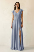 V-Neck Ruffled A-Line Chiffon Bridesmaid Dress in Twilight