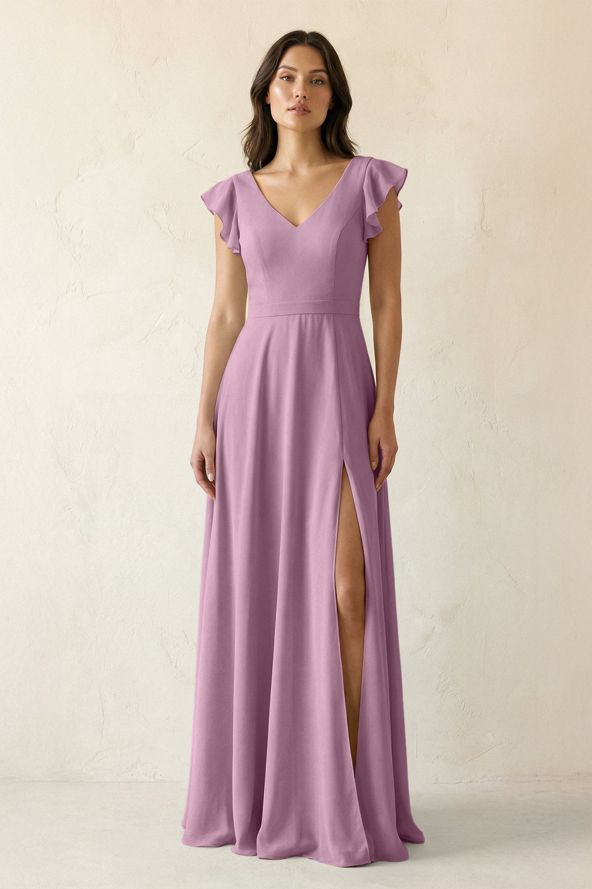 V-Neck Ruffled A-Line Chiffon Bridesmaid Dress in Wisteria