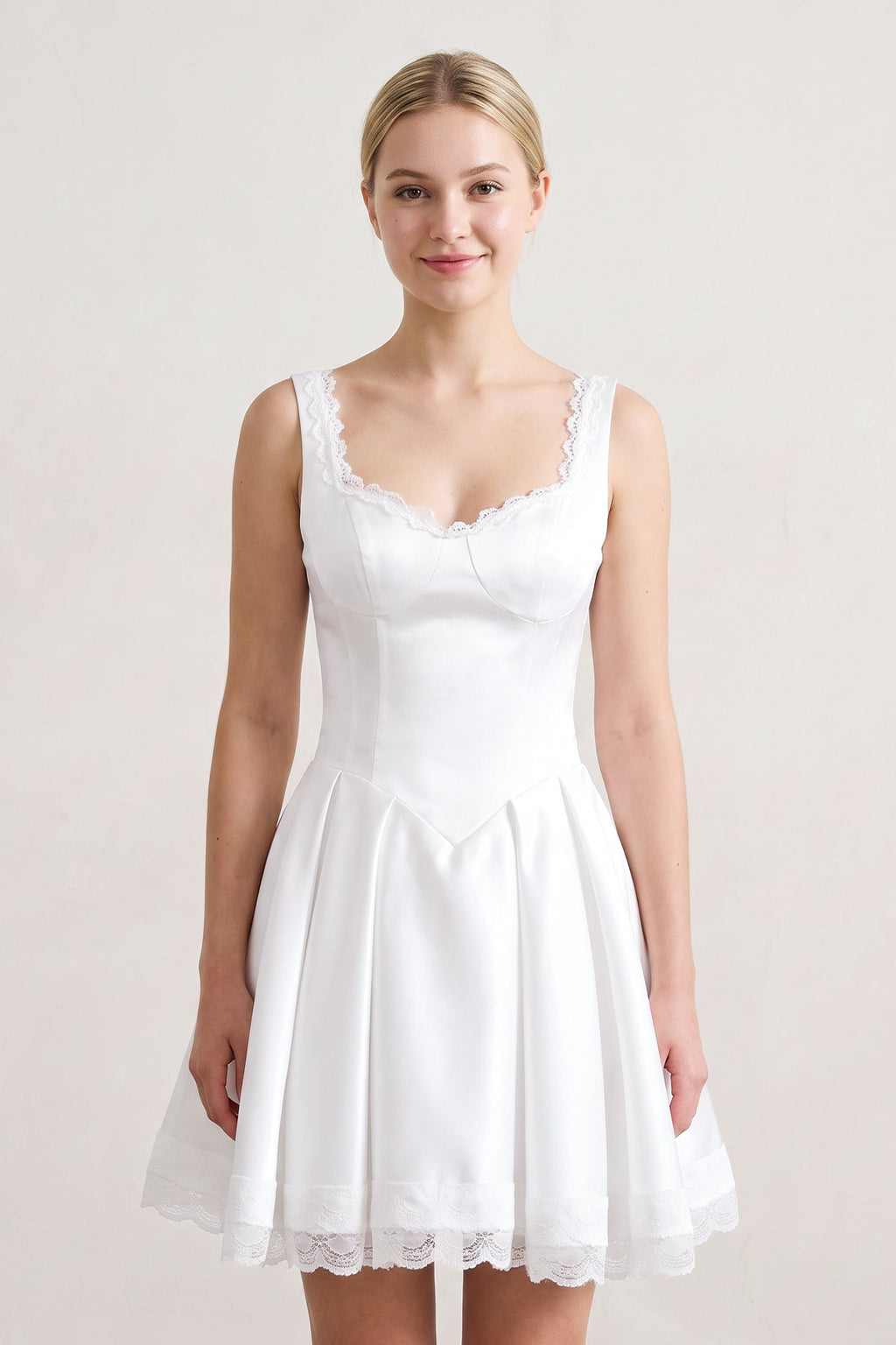 White Scoop Neck Lace Ruched A-Line Satin Homecoming Dress