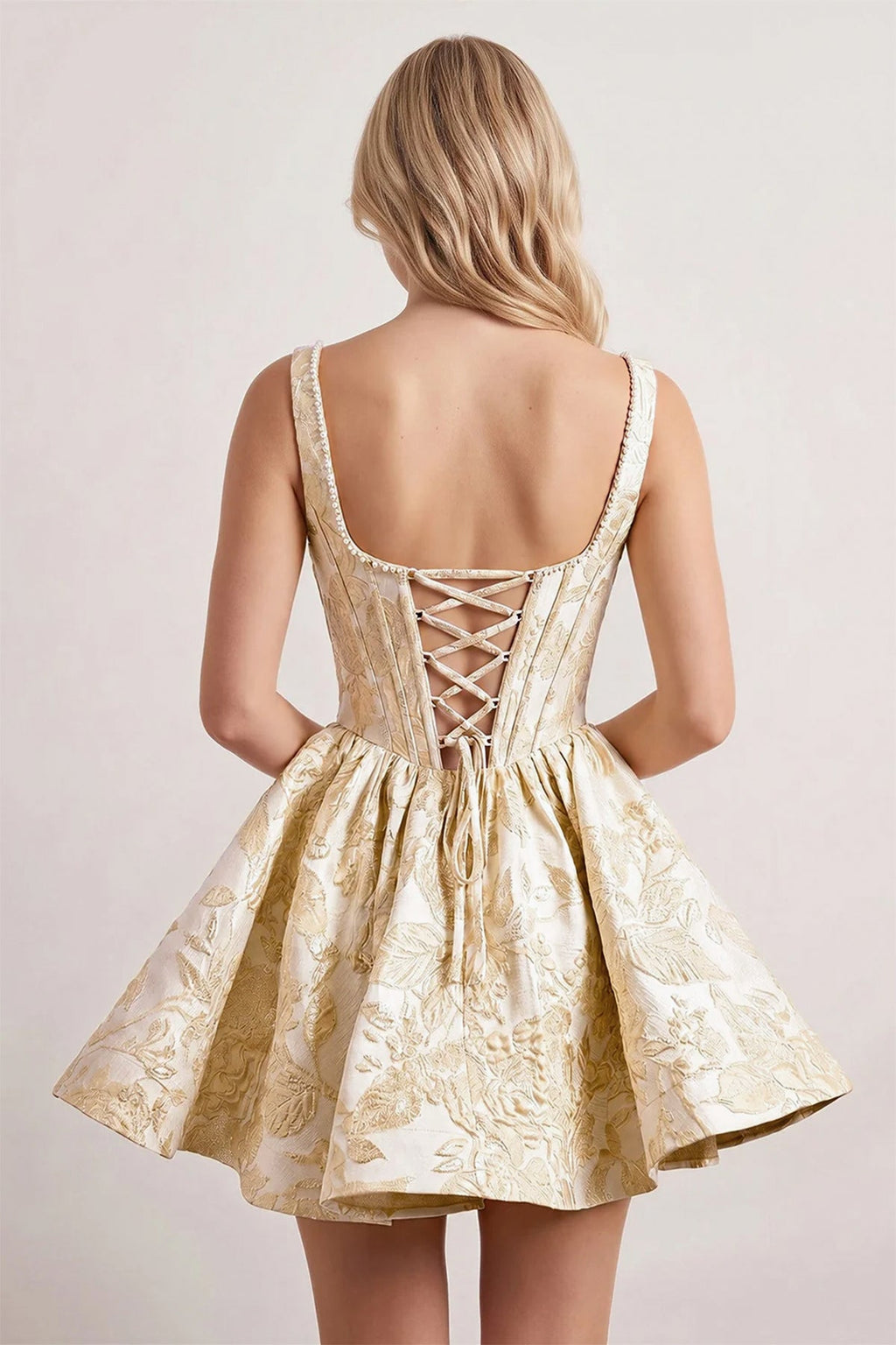 Blue A-Line Square Neck Jacquard Corset Homecoming Dress With Pearl