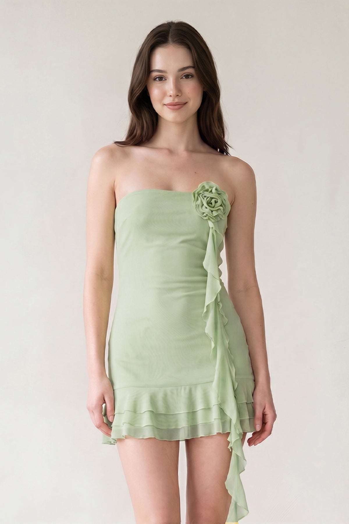 Yellow Chiffon 3D Flower Homecoming Dress With Ribbon