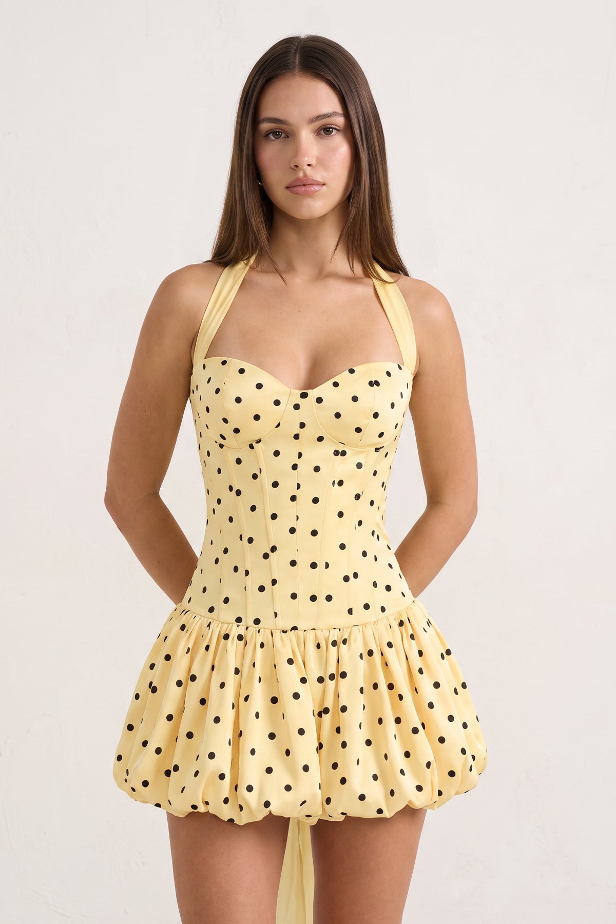 Yellow Halter A-Line Satin Polka Dots Bubble Hem Homecoming Dress