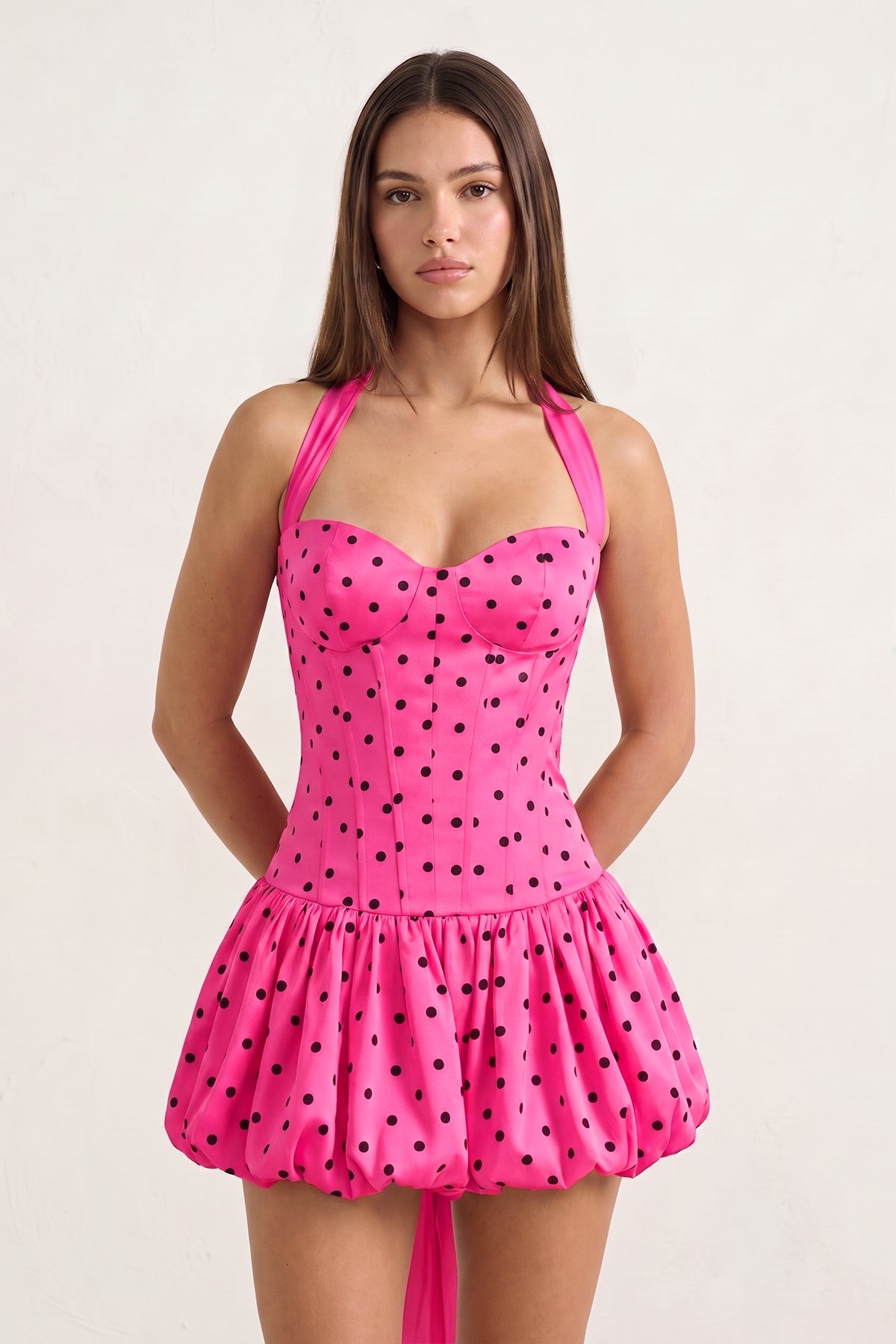 Yellow Halter A-Line Satin Polka Dots Bubble Hem Homecoming Dress