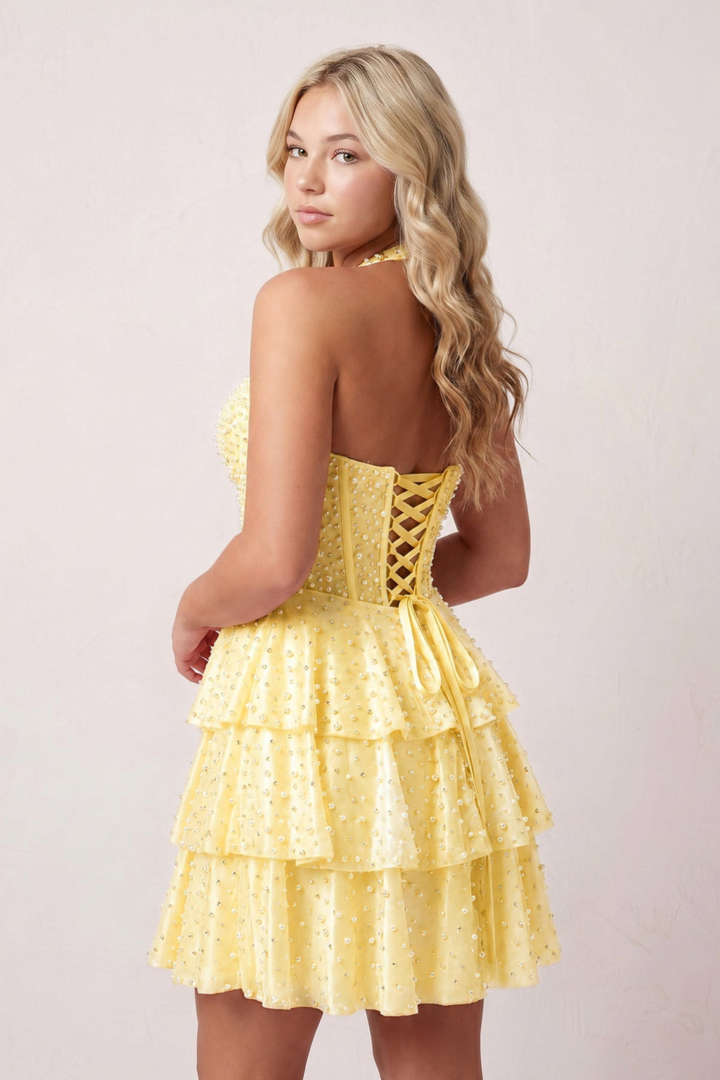 Yellow Halter Tiered Satin A-Line Corset Homecoming Dress With Pearl